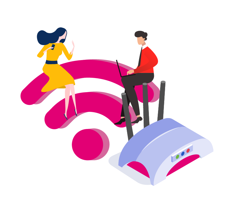 Animated man and woman sitting on a pink-themed Wi-Fi signal, with a broadband modem shown below to show a trusted ISP internet